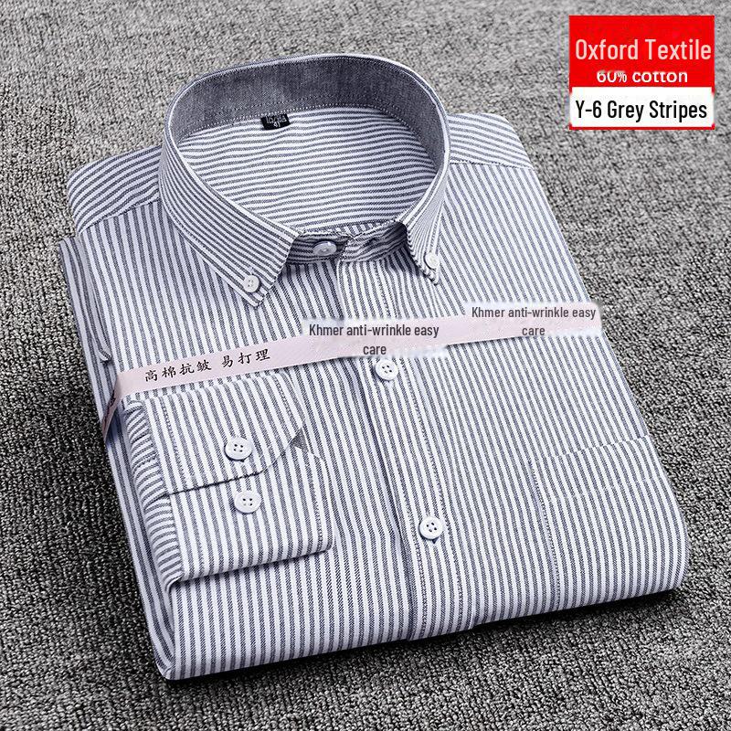 Мужская приталенная рубашка Oxford с узором в полоску и защитой от морщин, повседневная, с длинными рукавами, простая в уходе, корейский стиль
