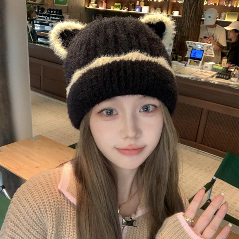 Зимняя теплая женская симпатичная шапка-бини, повседневная мешковатая меховая шапка с кошачьими ушками, аксессуары для головных уборов