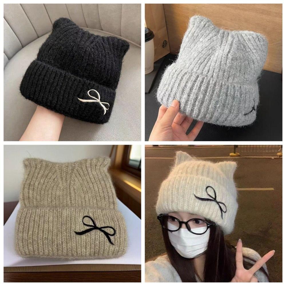 Thickened Cat Ear Beanie Windproof Knitted Skullies Soft Knitted Woolen Hat Ladies