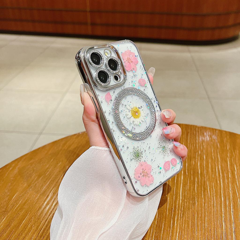 For iPhone 15 Pro Case Dried Flower Epoxy PC+TPU Magnetic Phone Back Cover