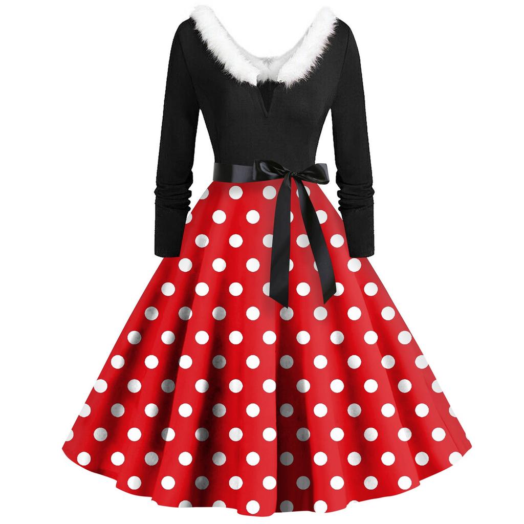 Women's Casual And Fashionable Long Sleeved V-neck Polka Dot Print Matching Zipper Dress