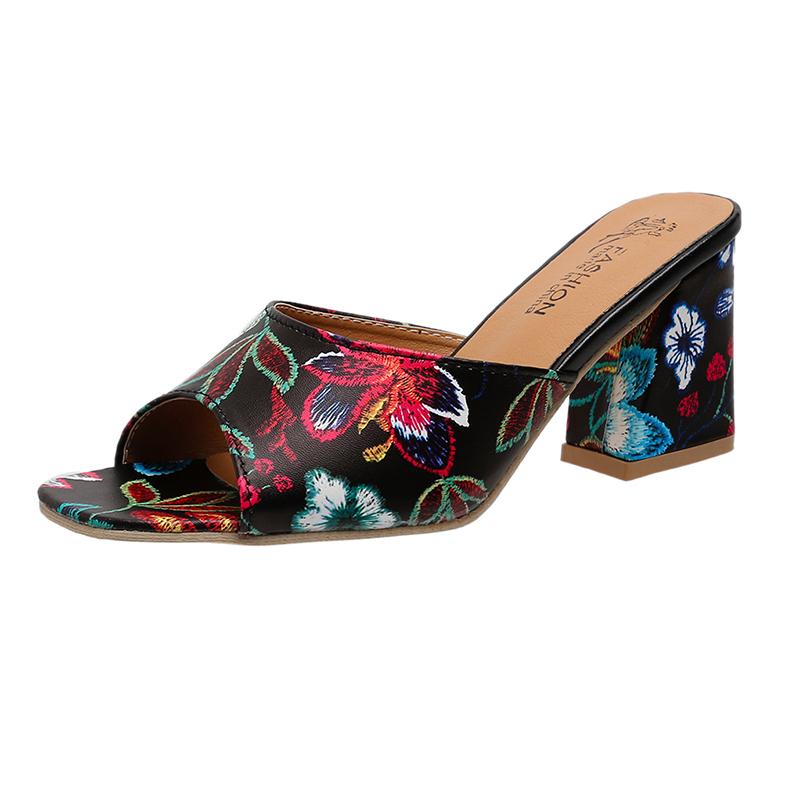 Летние новые женские тапочки с принтом, популярные тапочки на квадратном каблуке, сексуальные универсальные женские полутапочки с открытым носком