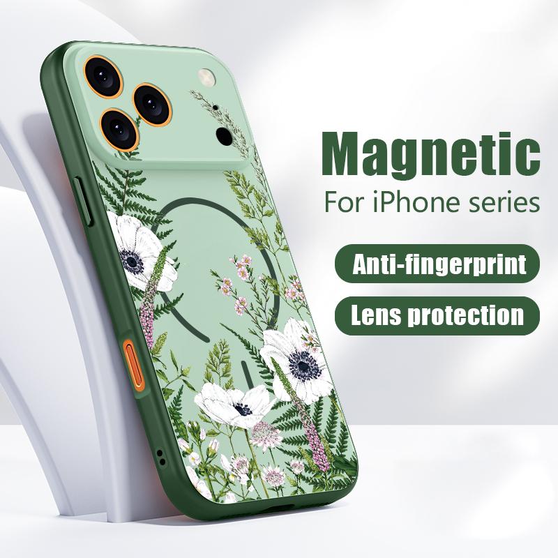 Чехол для iPhone 17 Pro Max INS Белый Цветочный Растительный Узор Магнитный Для Magsafe Гибридный Тонкий Матовый Чехол Для iPhone 16 15 14 13 Pro Max