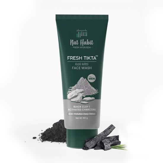 Nat Habit Kali Mitti Men's Face Wash with Kali Mitti & Detoxifying Charcoal for Skin Cleansing, Suitable for Oily & Dry Skin (Pack of 1, 100g)