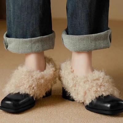 Женские хлопковые туфли на толстом каблуке Зимние Новые с квадратным носком Глубокий вырез Кожа Противоскользящие Износостойкие Шерстяные туфли