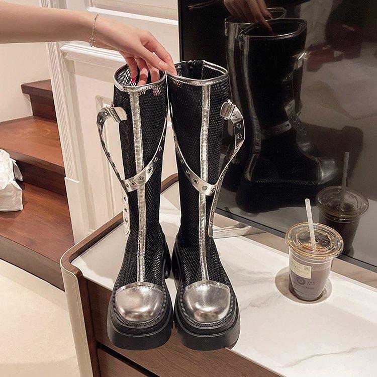 Fashion Mesh boots for women new thin hollow sandals belt buckle thick bottom high knight boots