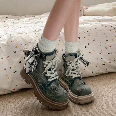 Шелковый шарф ретро ковбойские сапоги рваные ботинки мартин женские 2025 новые старые короткие сапоги британский стиль одинарные сапоги рабочие ботинки тренд