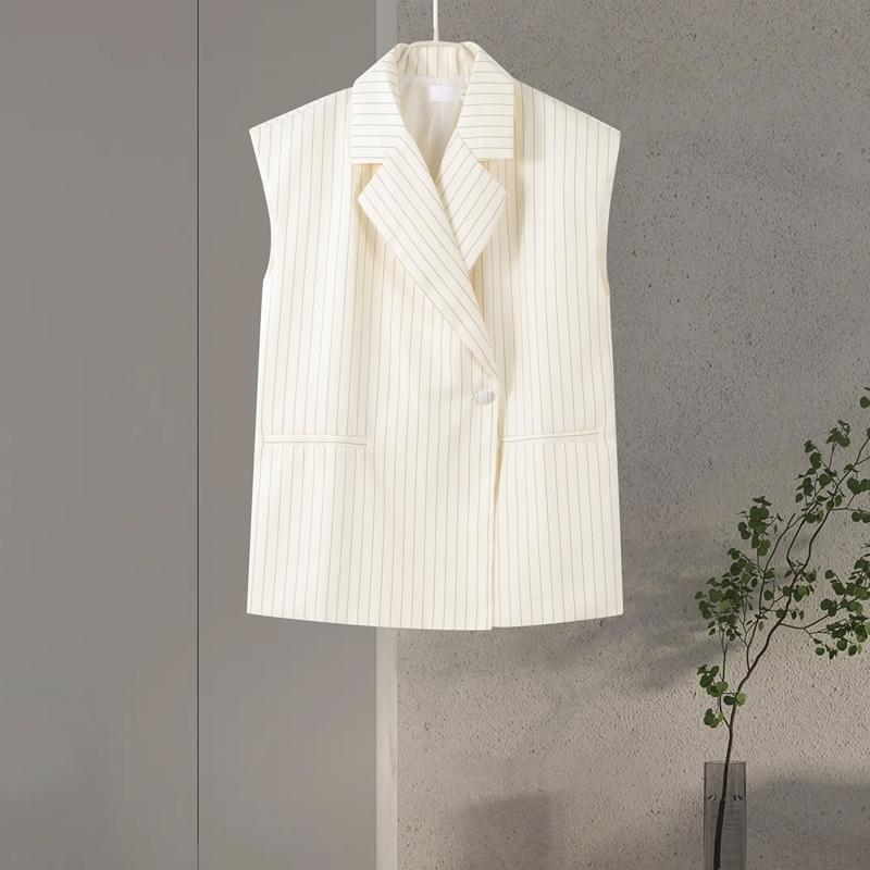 Модные женские костюмы с полосатым жилетом и брюками, без рукавов, с отложным воротником, женский комплект из 2 предметов, весна-лето 2025, повседневный