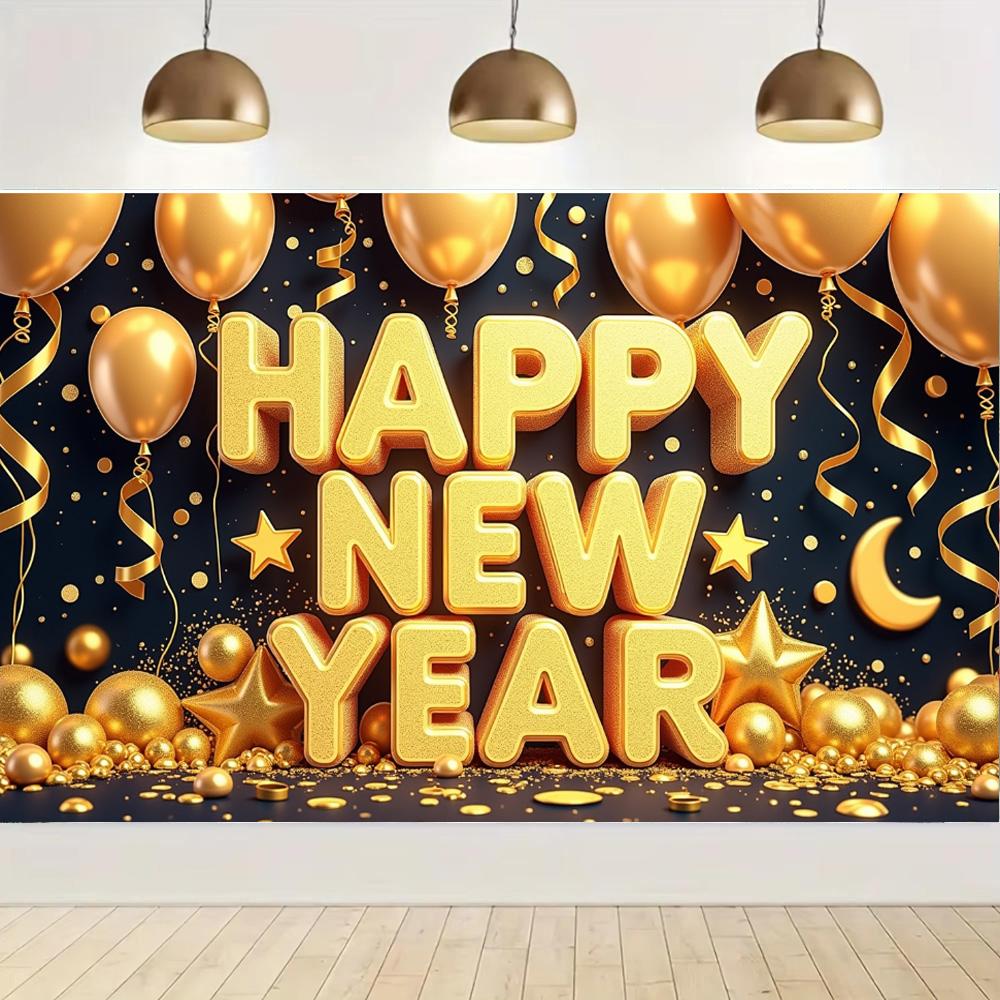 Polyester Happy New Year Banner Golden Balloons Star Moon New Year Banner for New Year Party Holiday Celebration Indoor