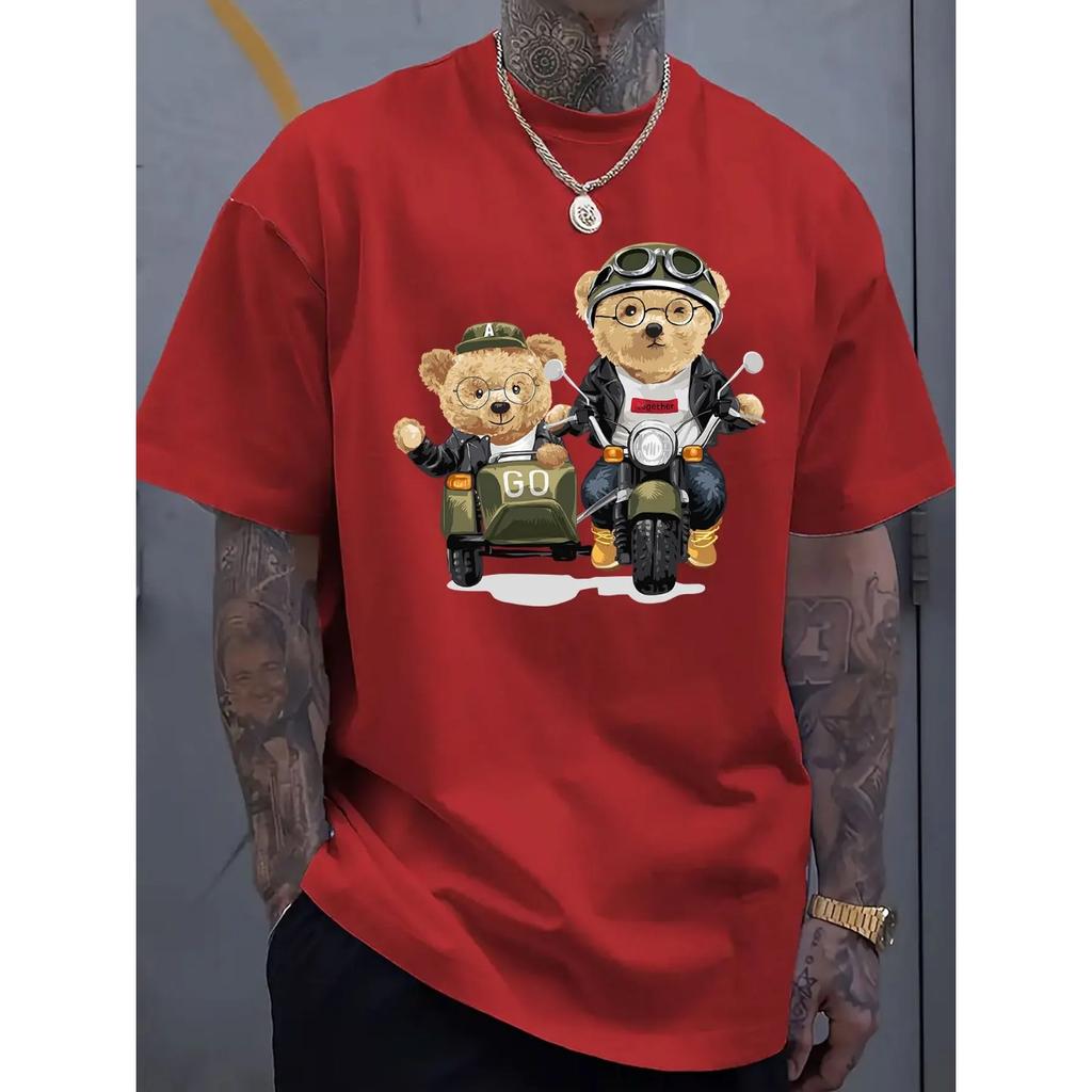 Летние мужские футболки из 100% хлопка, модные, повседневные, спортивные, свободного кроя, с принтом мультяшного медведя, с круглым вырезом и короткими рукавами