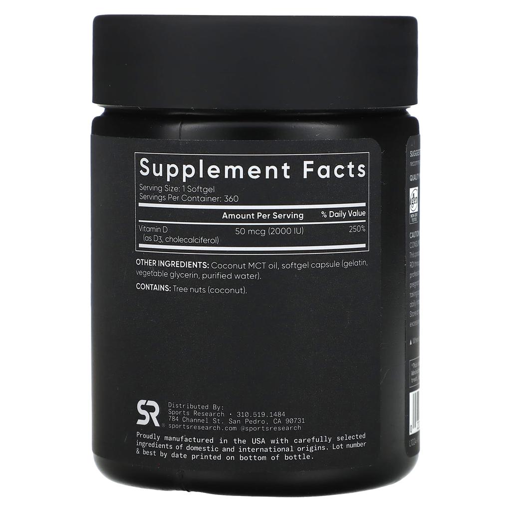 Sports Research Vitamin D3, Double Strength, 50mcg (2,000IU), 360 Softgels