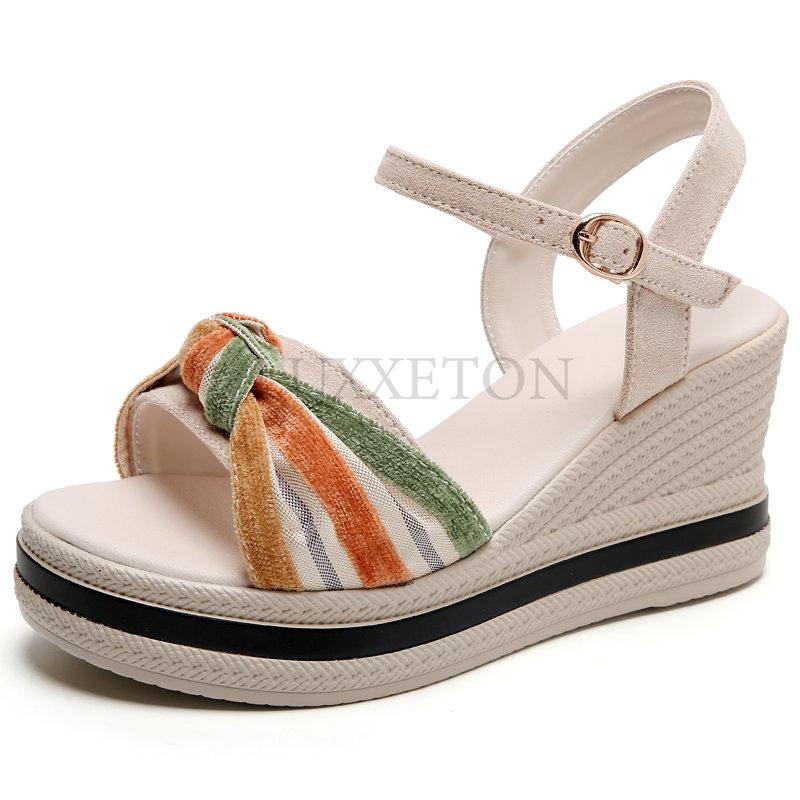 Women's Summer Wedge Sandals Fashion Platform Open Toe Bow Casual Shoes New Black Heightening Lightweight Beach Sandals