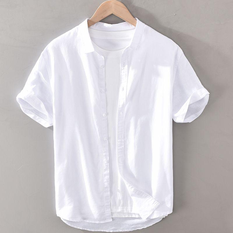 Мужская льняная рубашка темно-синего цвета с короткими рукавами — воротник-стойка, свободный крой, дышащая, универсальная, в японском ретро-стиле, повседневная.