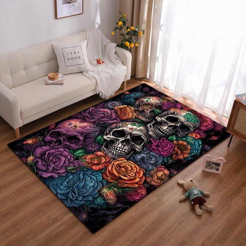 Colorful Skull and Floral Pattern Carpet for Living Room Decor Suitable for use as an anti-slip for living room bedroom sofas
