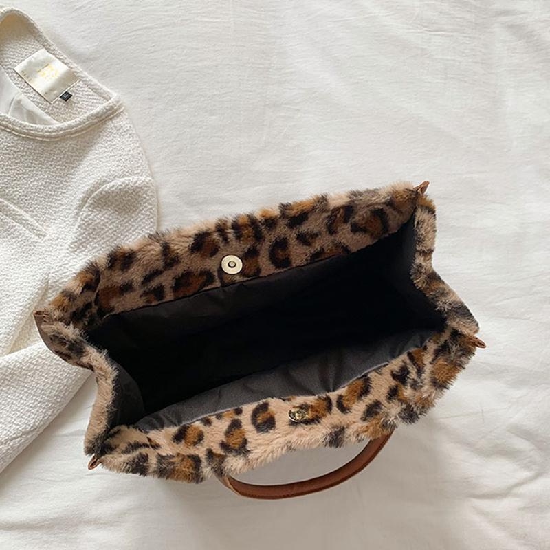 Женская зимняя теплая мягкая плюшевая сумка на плечо, модная сумка-тоут с леопардовым принтом коровы из искусственного меха, большая вместительная сумка