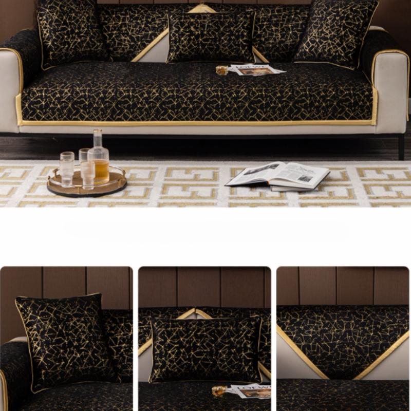 High-end Black Gold Leather Sofa Cushion Modern Non-slip Anti Cat Scratching Chair Pad Satin Edging Recliner Cover Towel Winter