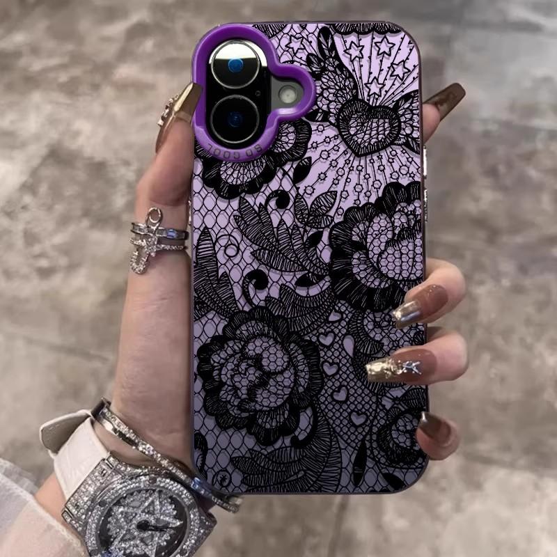 Черный чехол с кружевным узором для iPhone 17 16e 16 15 14 mini Pro Max X XR XSMAX 8 7 Air Plus Противоударный матовый чехол