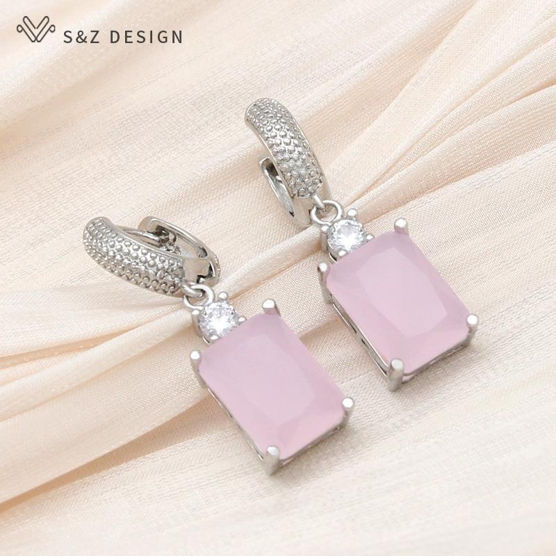 Fashion Pink Rectangle Cubic Zirconia Drop Earrings For Women Wedding Party Jewelry Classic Elegant Rose Gold Color Eardrop