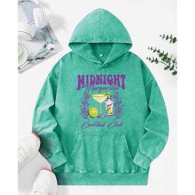 Midnight Margaret Cocktail Club Принтованное Женское Худи с Вареным Эффектом Осень Уличный Пуловер Простота Повседневные Худи Хлопковое Худи