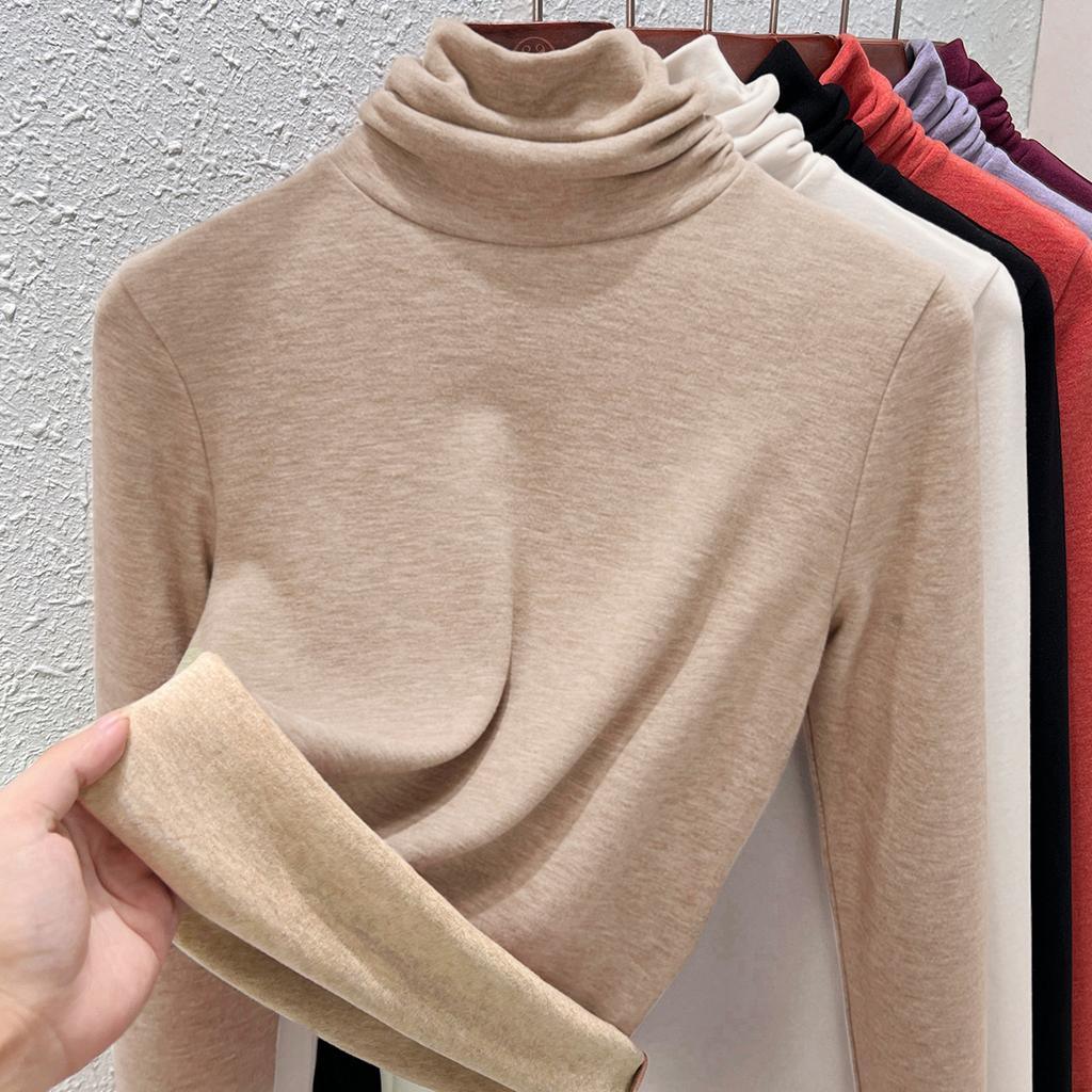 Autumn and Winter Women's Clothing Containing Wool and Silk Bottoming Shirt Women's Inner Heating Fleece Warm Turtleneck Top with Fleece and Thicker