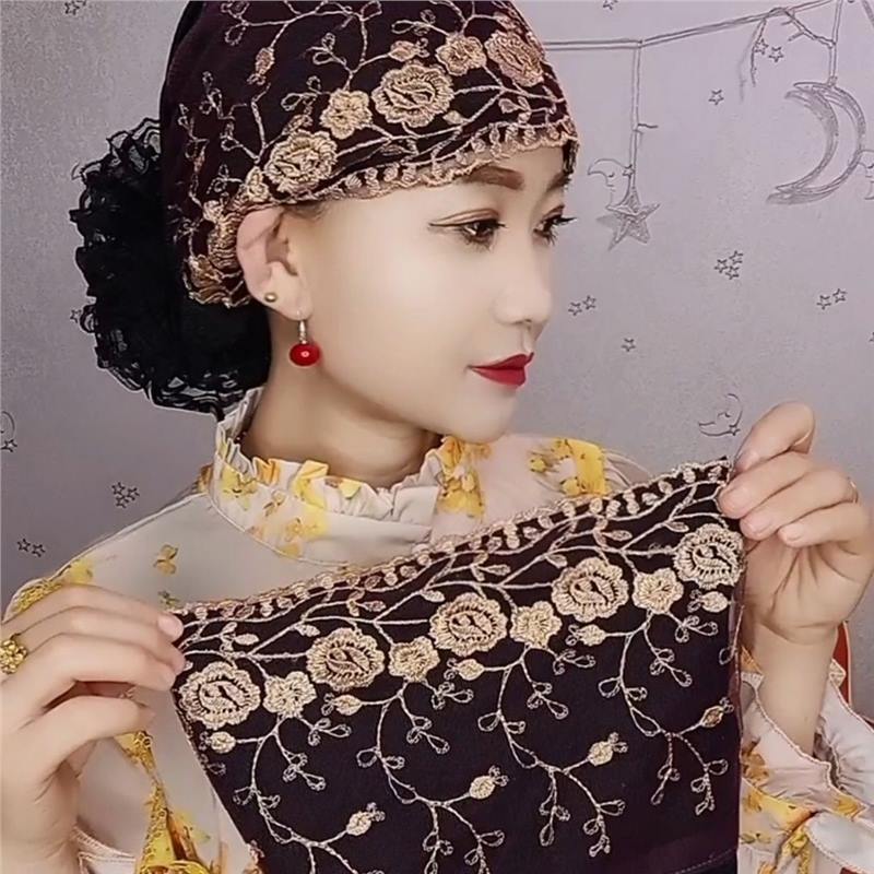 Breathable Floral Embroidery Lace Turban Cap for Women
