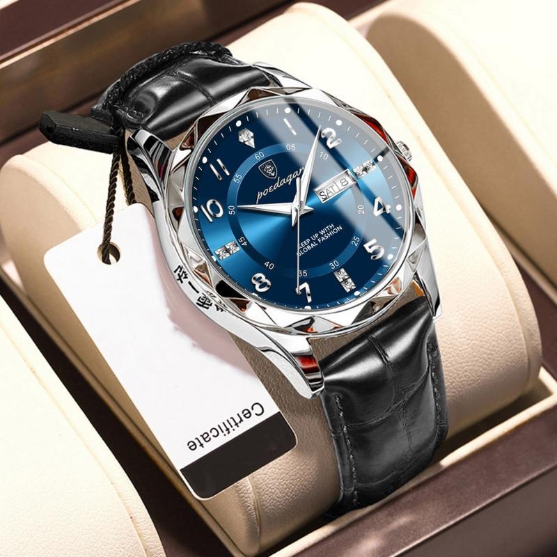 2024 Новый тренд, модные роскошные мужские часы, светящиеся водонепроницаемые часы с двойным календарем, ультратонкие кожаные мужские часы с автоматическим механизмом, украшенные бриллиантами