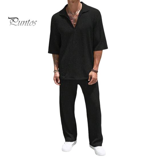 Мужской повседневный наряд из 2 шт./компл., топы с v-образным вырезом и лацканами и короткими рукавами, длинные брюки с широкими карманами, однотонный комплект для отдыха