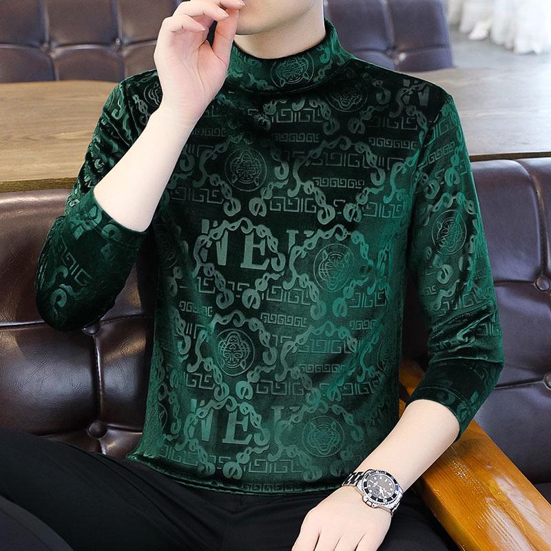 Мужская модная толстовка из золотистого бархата со средней горловиной и длинными рукавами - плотная, теплая, осенне-зимняя футболка с полувысоким воротником