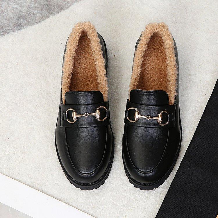 British Style Small Leather Shoes with Fleece Lining for Warmth 2025 Winter New Style French Bow Thick-soled Loafers for Women