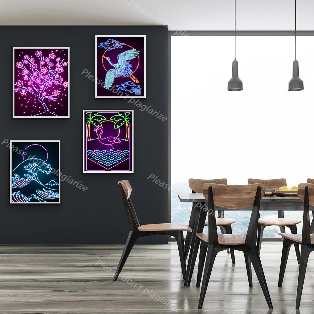 Oriental Retro Neon Canvas Painting Tsuru Sakura Mural Japanese Wave Mount Fuji Samurai Art Poster Print Living Room Home Decor