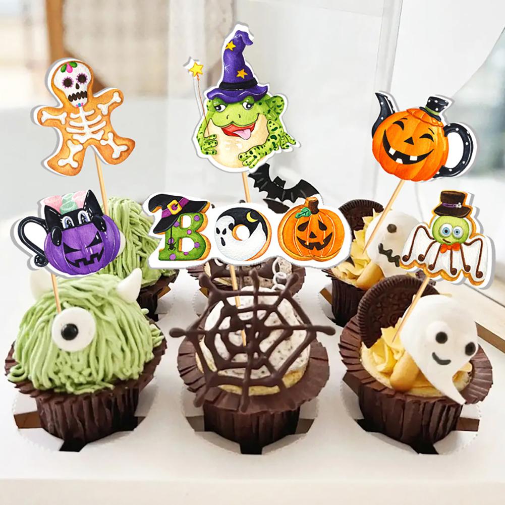 Halloween Cake Topper 16pcs Spooky Ghost Pumpkin Cupcake Decor Dessert Picks Eco-Friendly Festive Baking Supplies Halloween