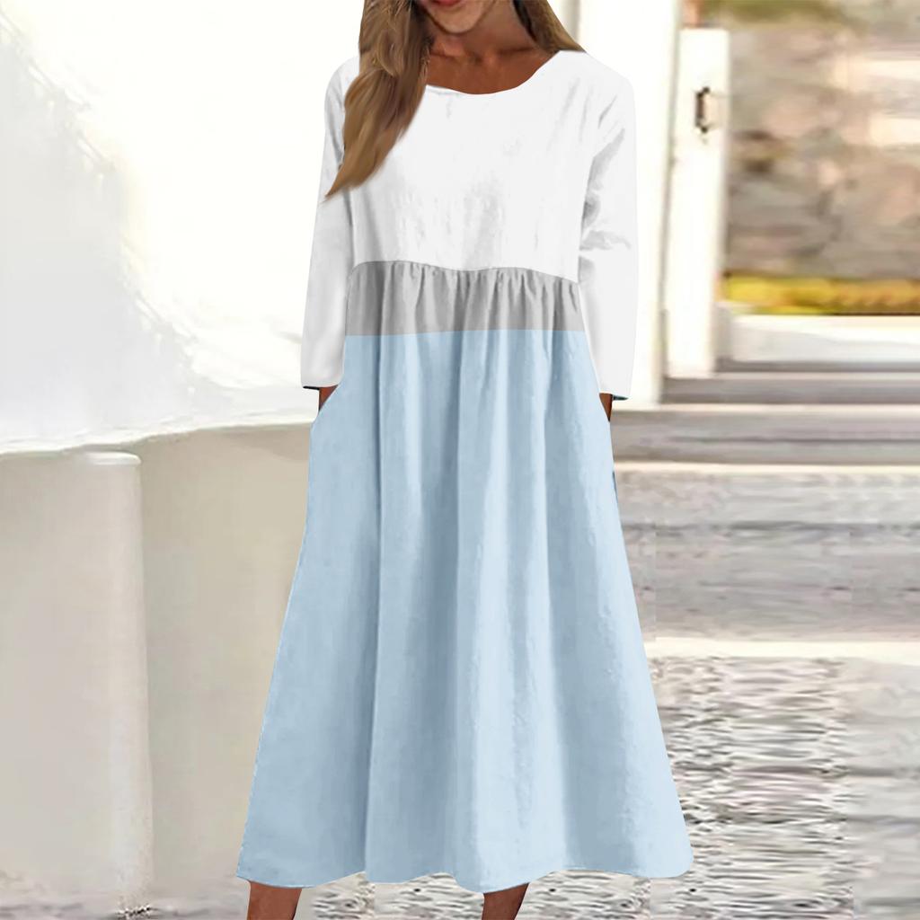 Женское повседневное миди-платье с круглым вырезом и полосатым принтом, с длинным рукавом и карманом