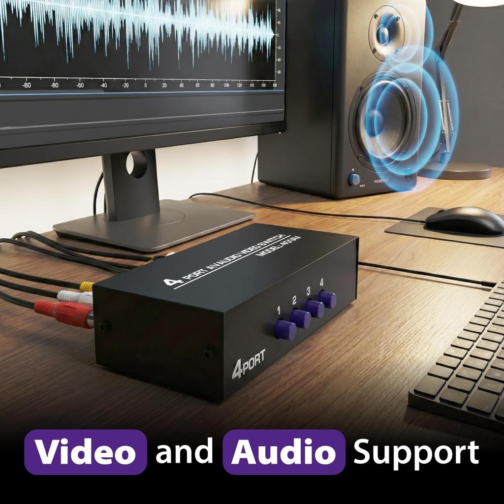 Fosmon RCA-разветвитель AV-селектор 4 входа 1 выход Стерео коммутационная коробка В комплекте RCA композитный AV-кабель 1 Совместим с и игровыми консолями 4-полосный и —