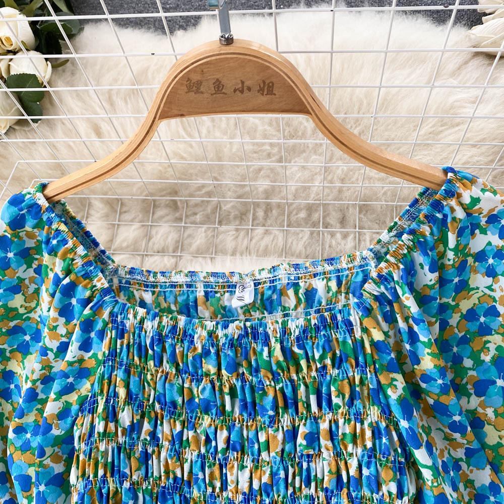 Women's Chic Sweet Slim Square Neck Bubble Sleeve Floral Dress Super Fairy Temperament A-line Dress