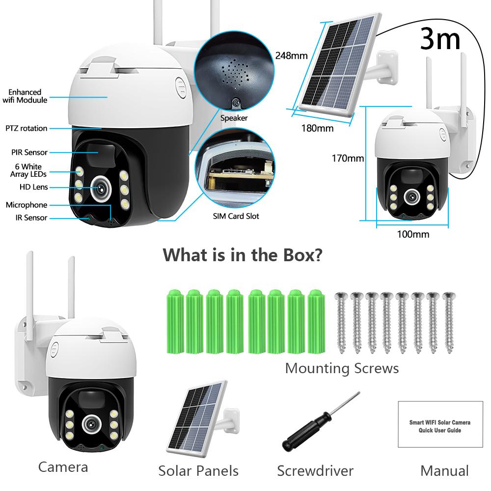 EVKVO 8x ZOOM Солнечная IP-камера Wi-Fi Уличная PTZ Камера с аккумулятором Тревога Обнаружение движения PIR 3м кабель