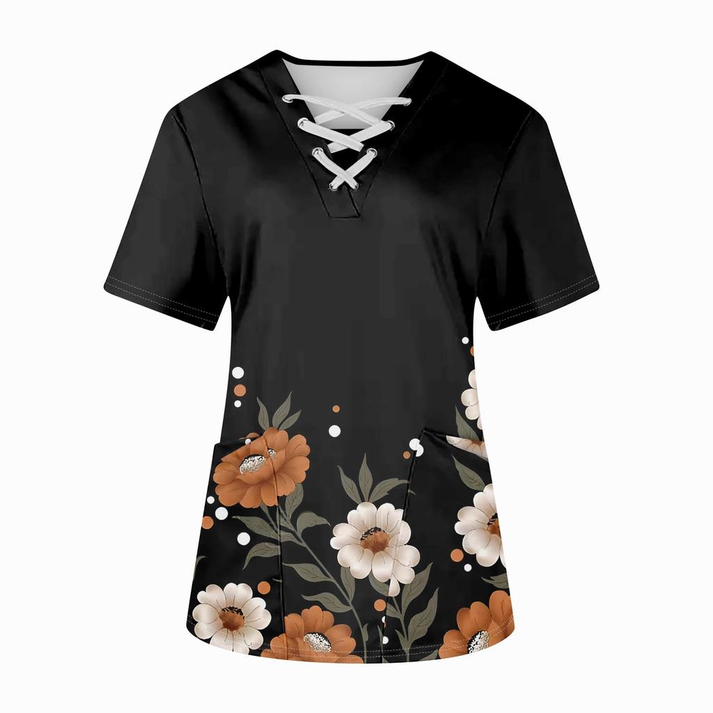 Плюс размерСкраб с принтом Рабочая форма Топы для женщин Крест V-образным вырезом Хэллоуин Принт с короткими рукавами Забавные футболки Спецодежда Футболка с карманами