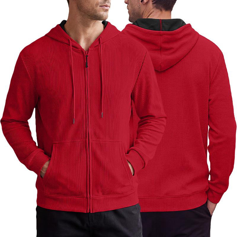 Men S Hooded Waffle Knit Zip Up Cardigan Sweatshirt Loose Fit Casual