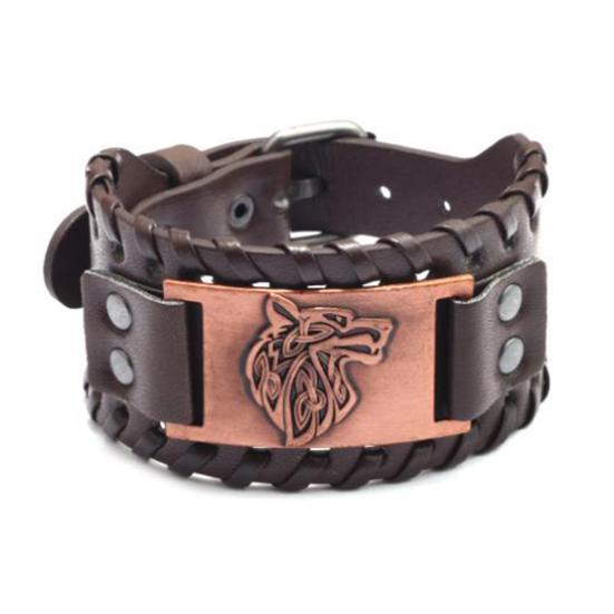 Мужской браслет, регулируемый широкий мягкий плетеный браслет из искусственной кожи в стиле ретро, ​​браслет-манжета с головой животного