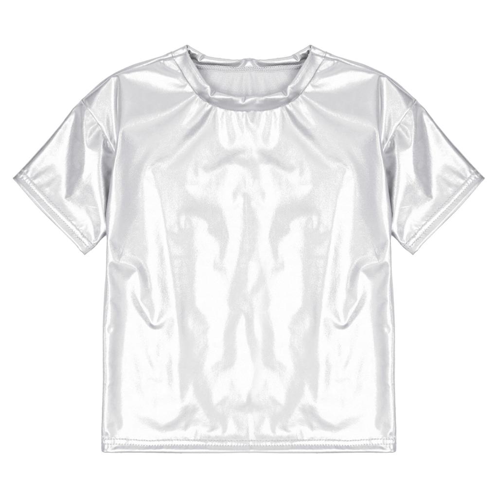 Детские сверкающие топы с короткими рукавами для мальчиков и девочек, модная футболка с круглым вырезом, танцевальный костюм