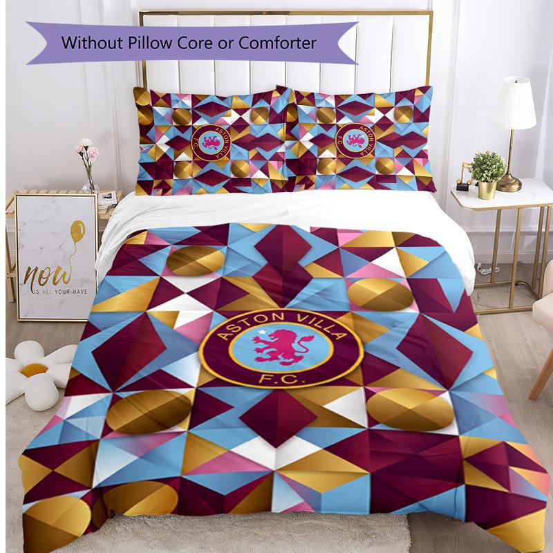 Aston Villa Football Printed 3 Pieces Bedding Set, Comfortable Skin Friendly Bedroom Duvet Cover Set