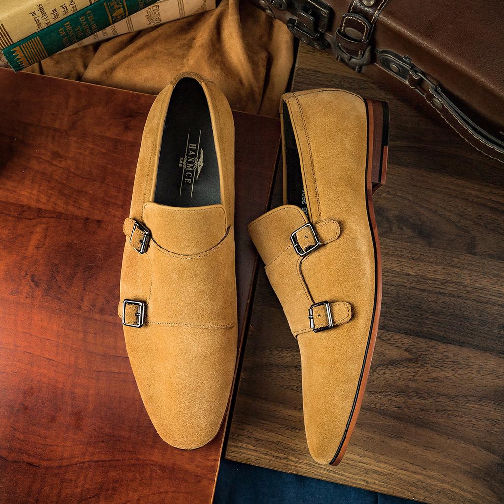 Новые монки из коровьей замши с двойной пряжкой, желтые дышащие мужские повседневные туфли ручной работы, мужские туфли Zapatos De Hombre