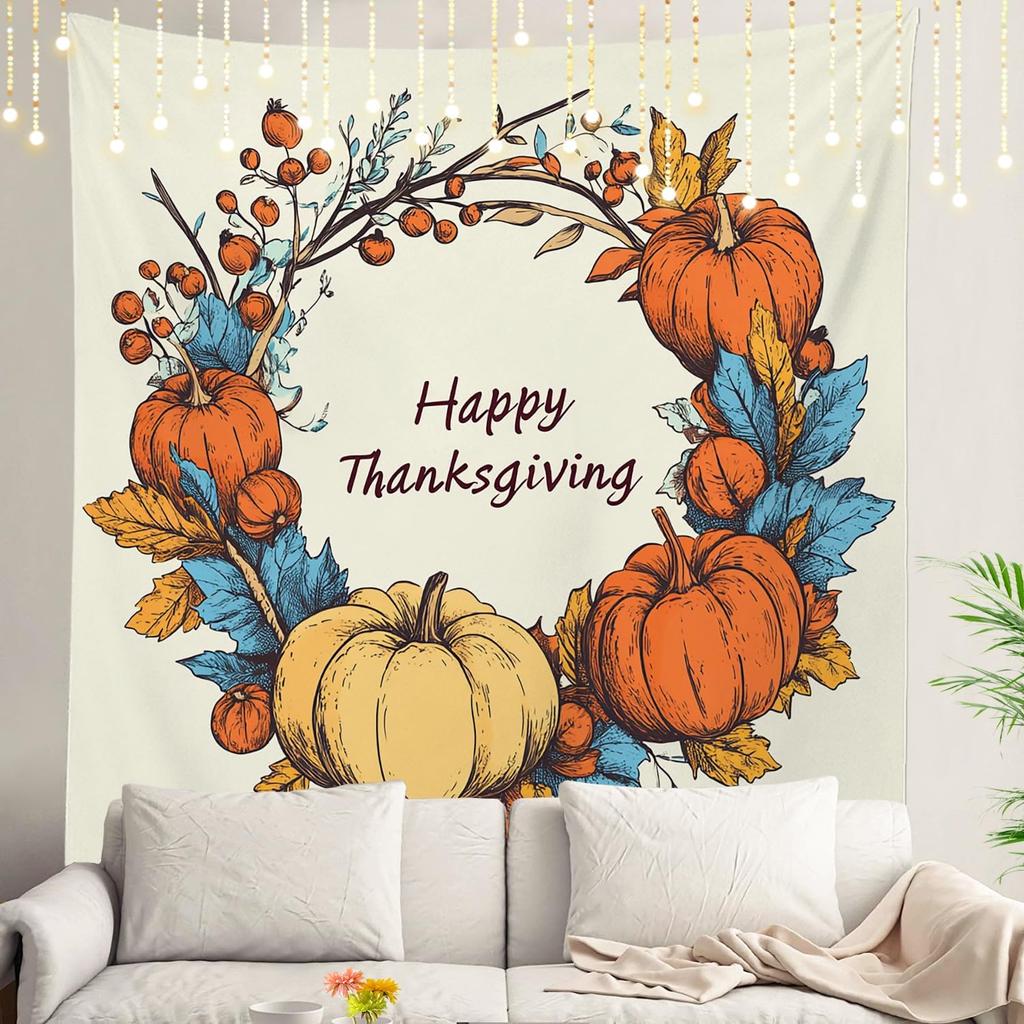 Thanksgiving Tapestry Pumpkin Autumn Leaves Wall Art Festive Fall Decor for Dorm Bedroom 512x591