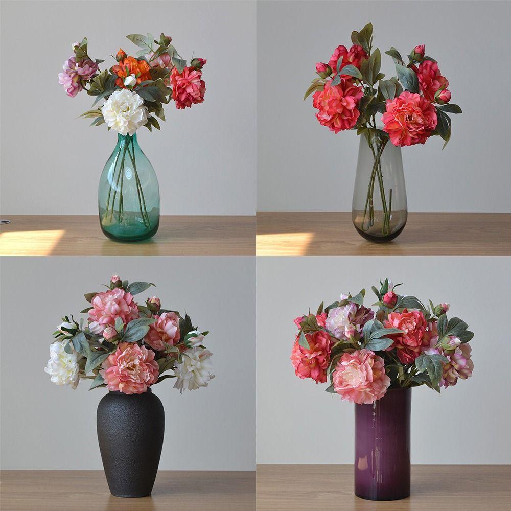 Multicolor Peony Artificial Flower Green Lieaves Silk Petals Faux Flower Fesktop Ornament DIY Lifelike Flower Home Decoration