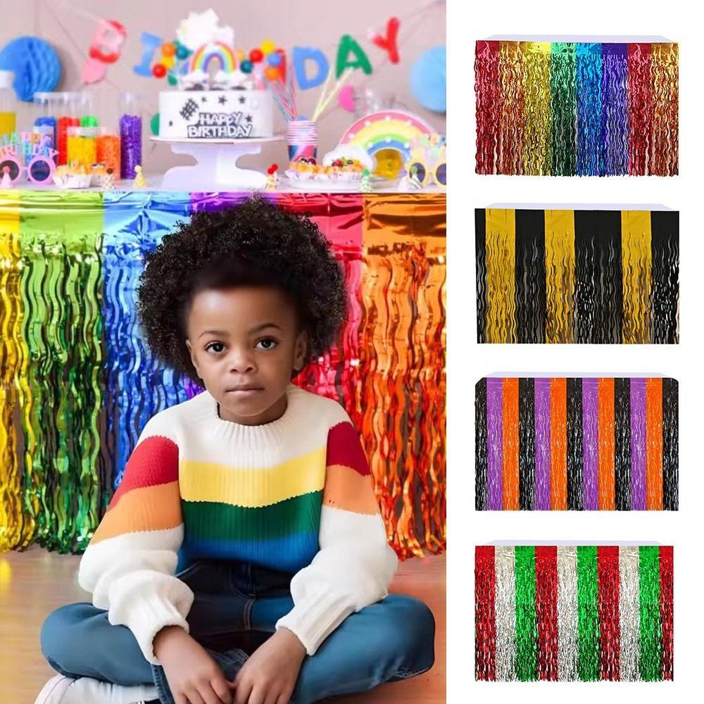 Colorful Rainbow Wavy Table Skirt 75*275cm Table Dress Graduation Ceremony Table Dress Metallic Foil Tinsel Table Cloth