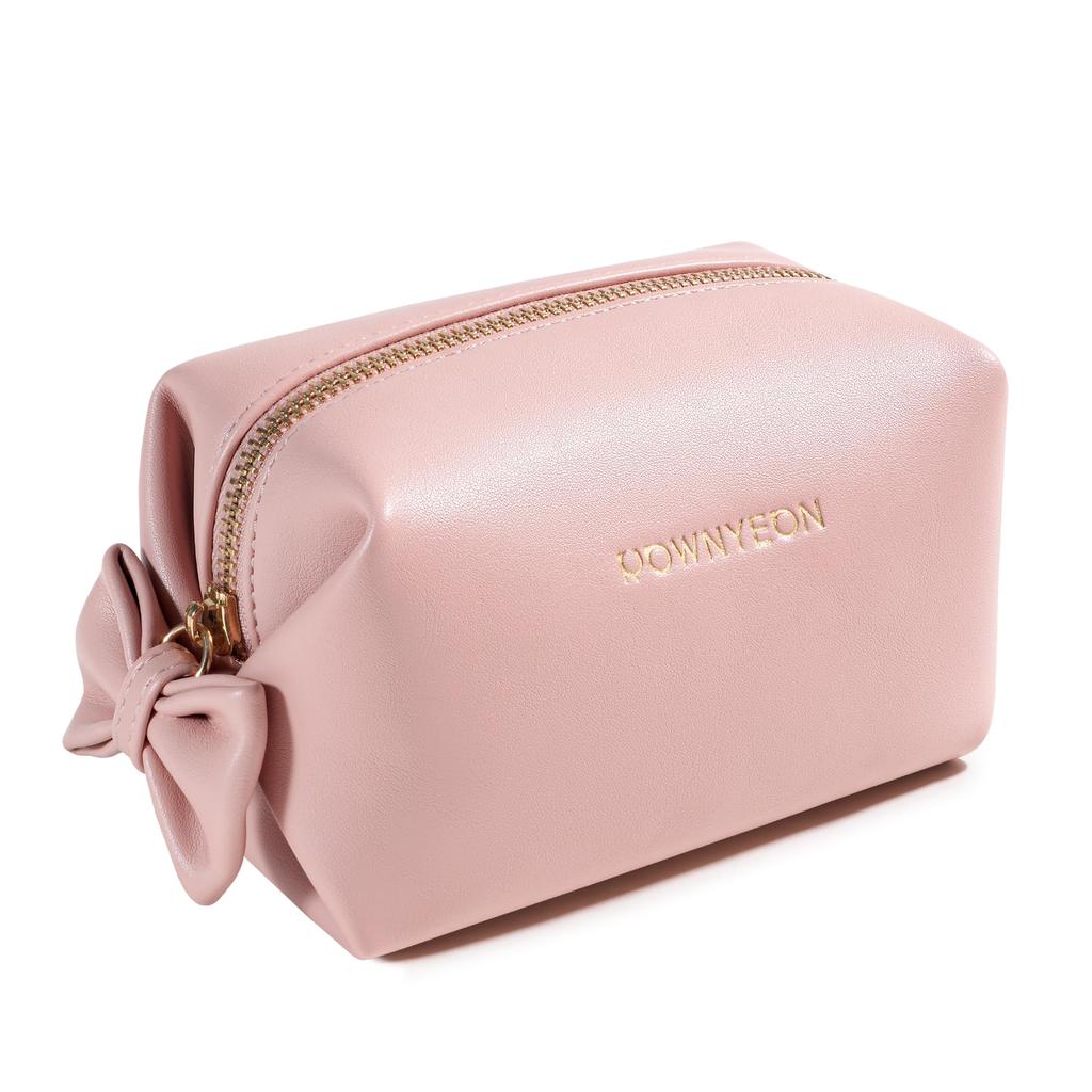 Rownyeon Portable Makeup Cute Ribbon Korean PU Birthday Gift Pouch, Design, Compact, Multi-Compartment, Style, Water-Repellent Leather, Mini, Small,