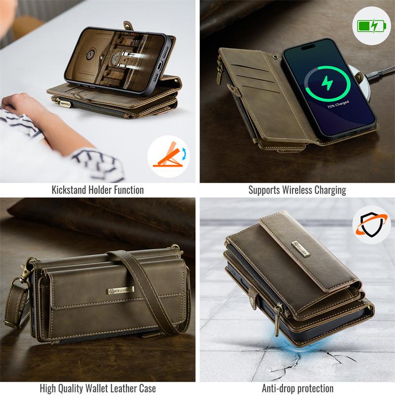 CaseMe Кожаный чехол-книжка для iPhone 17 Pro Max 17E Air 16 Plus 16E 15 14 13 12 11 X XS XR SE 2022 8 с длинным ремешком, кошельком на молнии, обложкой для нескольких карт