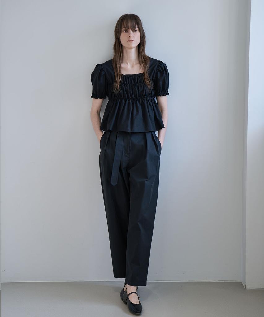 GRIDAJ Cotton Bio-Washed Belted Double-Pleated Pants _ Black