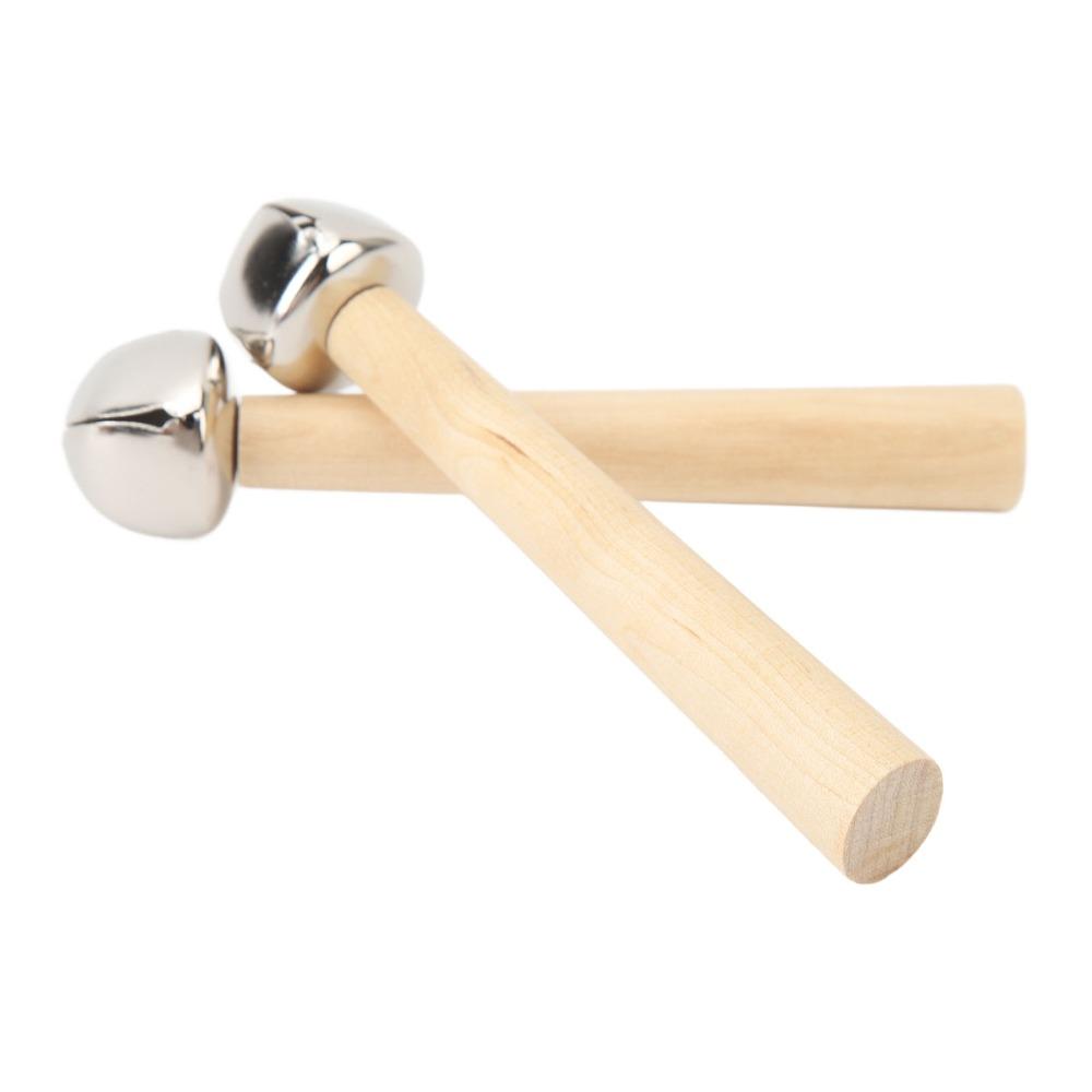 2PCS Silver+Wood Color Orff Hand Bells Clear Pleasant Sounds Wooden Hand Bells Music Learning