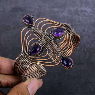 Браслет-манжета из натурального аметиста ручной работы из медной проволоки, регулируемый G9G65