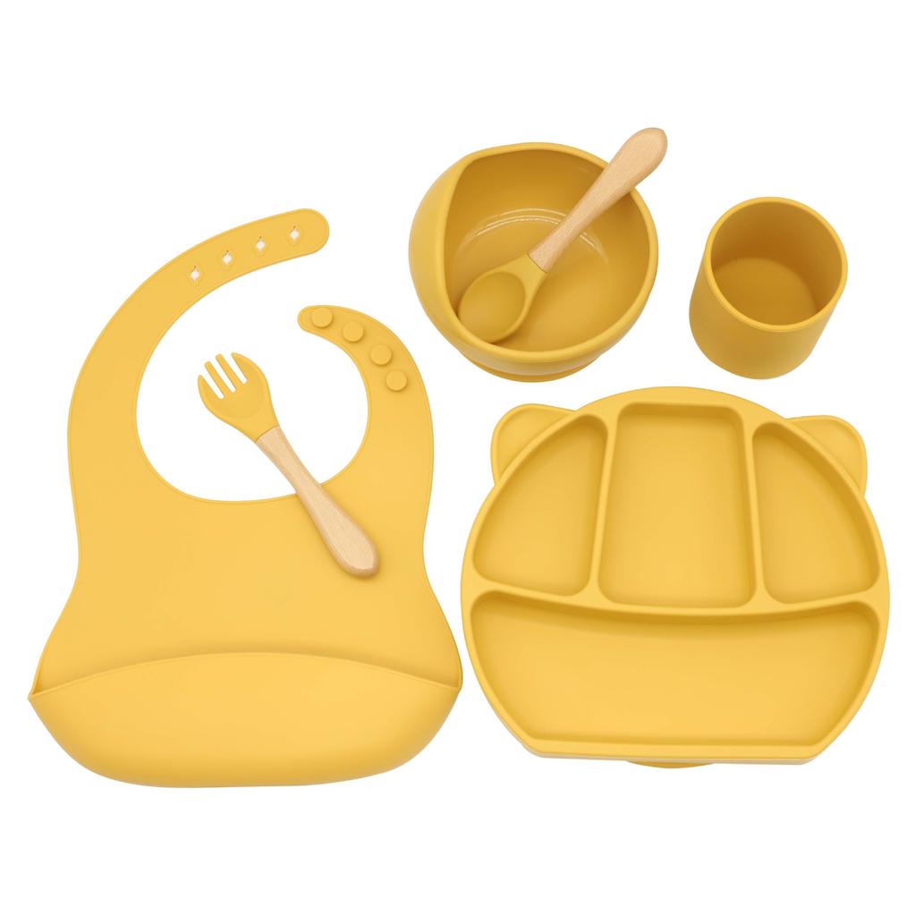 6PCS BPA Free Baby Silicone Tableware Bib Flexible Solid Color Sucker Bowl Spoon Fork for Children Learning Feeding Flatware